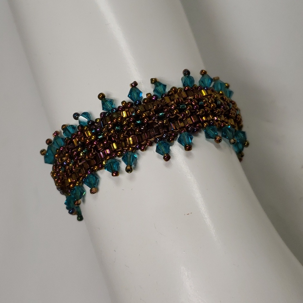 Turquoise & Gold Beaded Bracelet Sparkly Boho Glam Artisan Jewelry